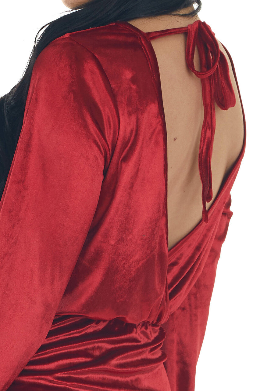 Cherry Velvet Mini Dress with Surplice Back and Tie Detail 