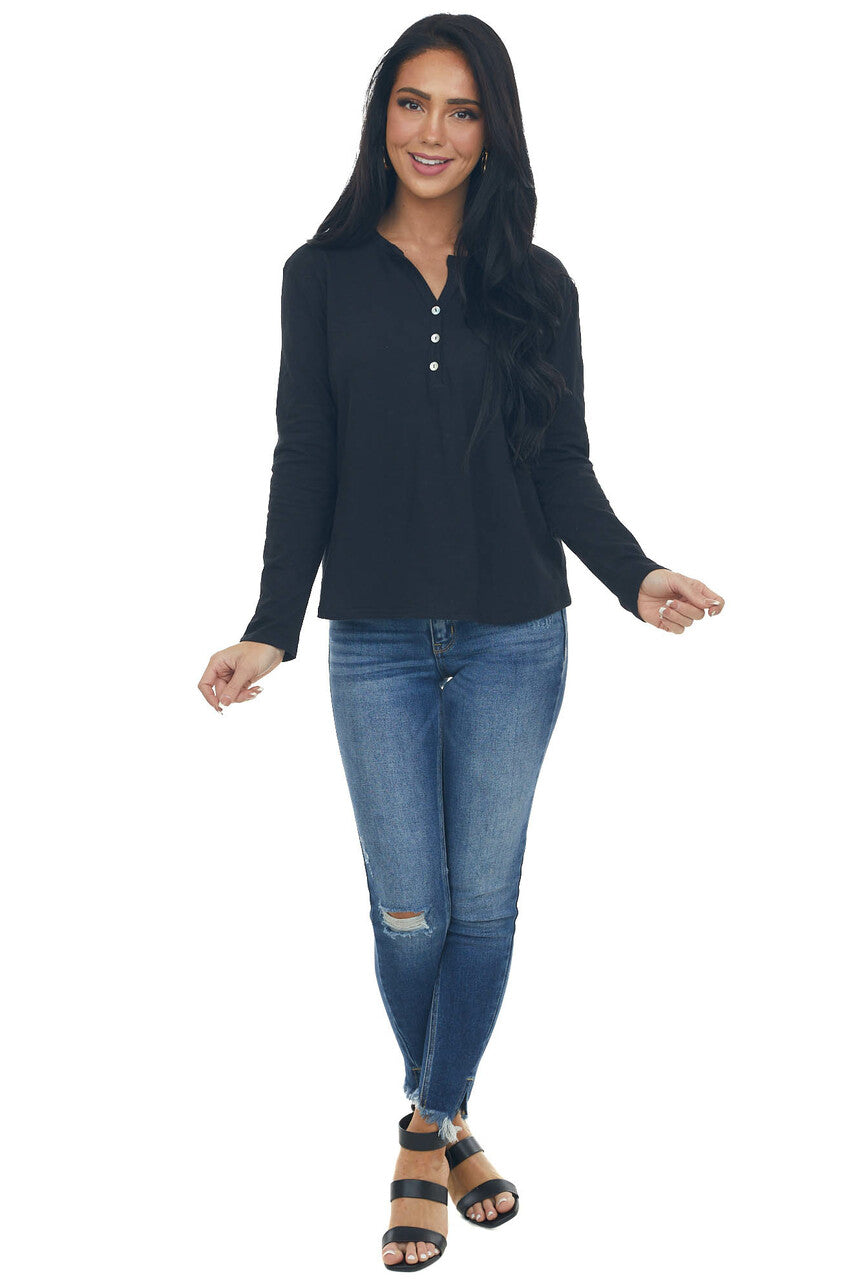 Black Long Sleeve Notch Neck Henley Top