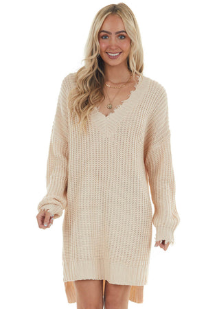 Cream V Neck Long Sleeve Short Sweater Dress