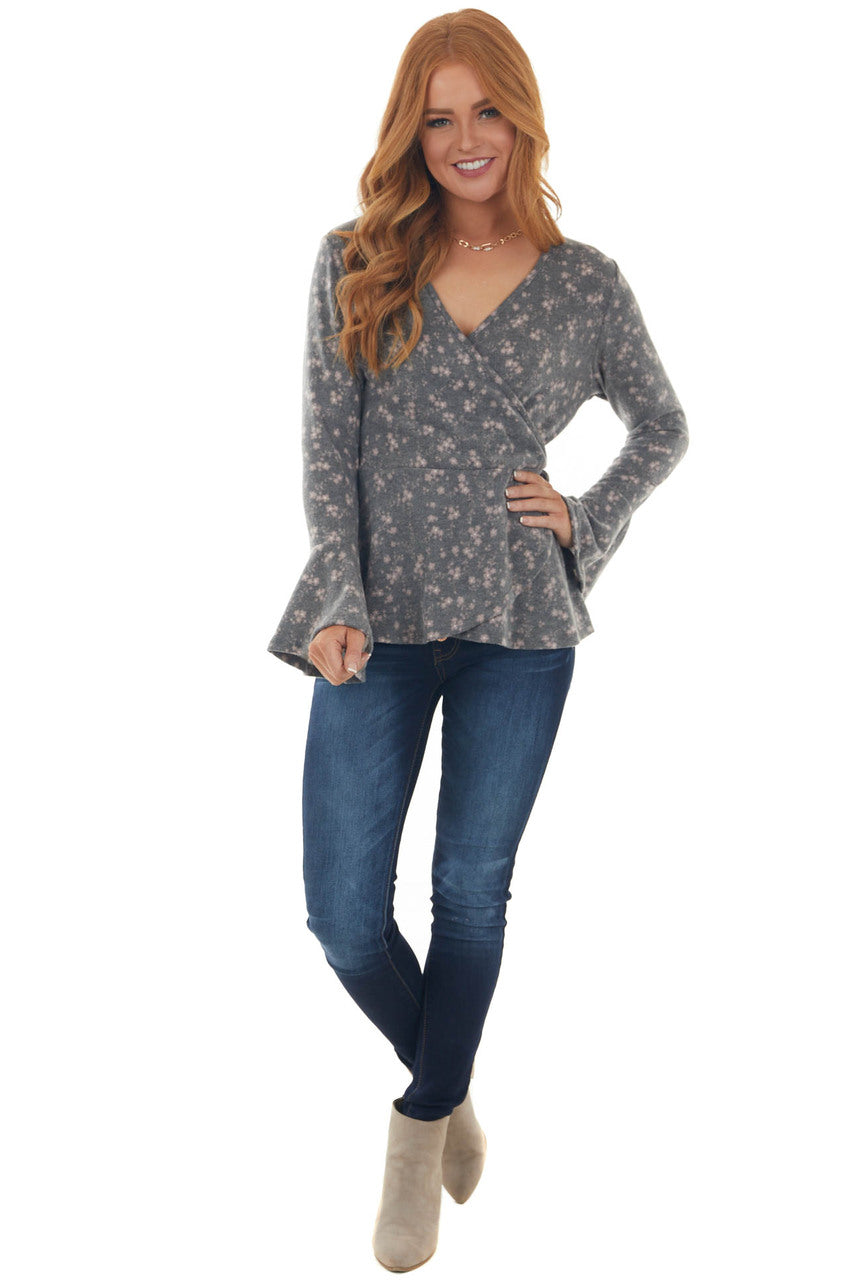 Stone Grey Ditsy Floral Surplice Soft Knit Top