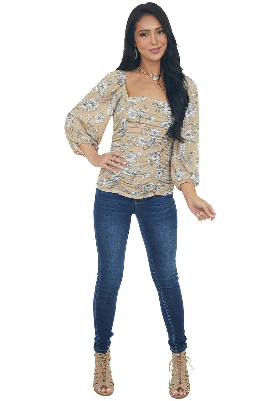 Oatmeal and Ivory Floral Peasant Sleeve Top