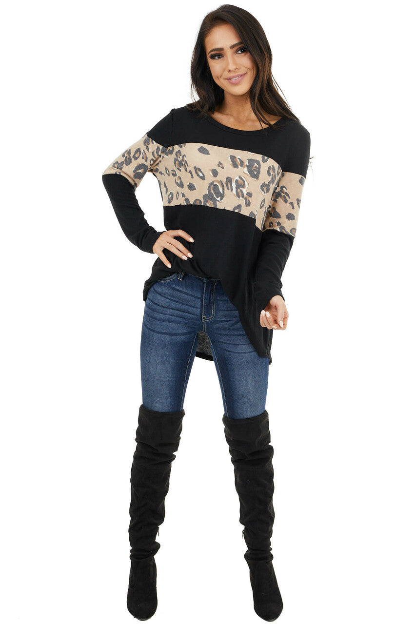 Black and Latte Leopard Print Long Sleeve Lightweight Top