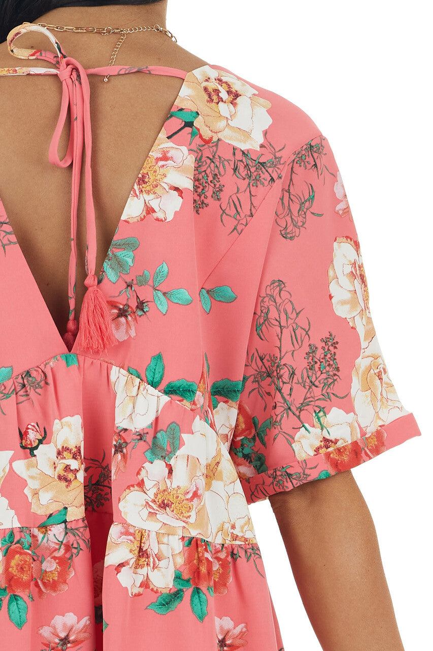 Watermelon Floral Print V Neck Babydoll Top