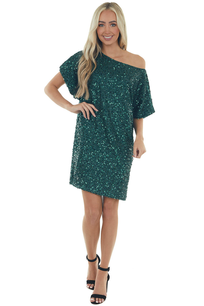Forest Sequined Short Flowy Sleeve Shift Dress