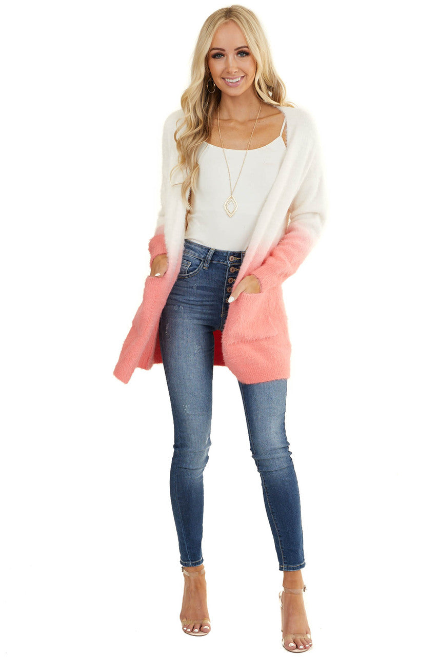 Coral and Ivory Ombre Fuzzy Knit Cardigan with Pockets