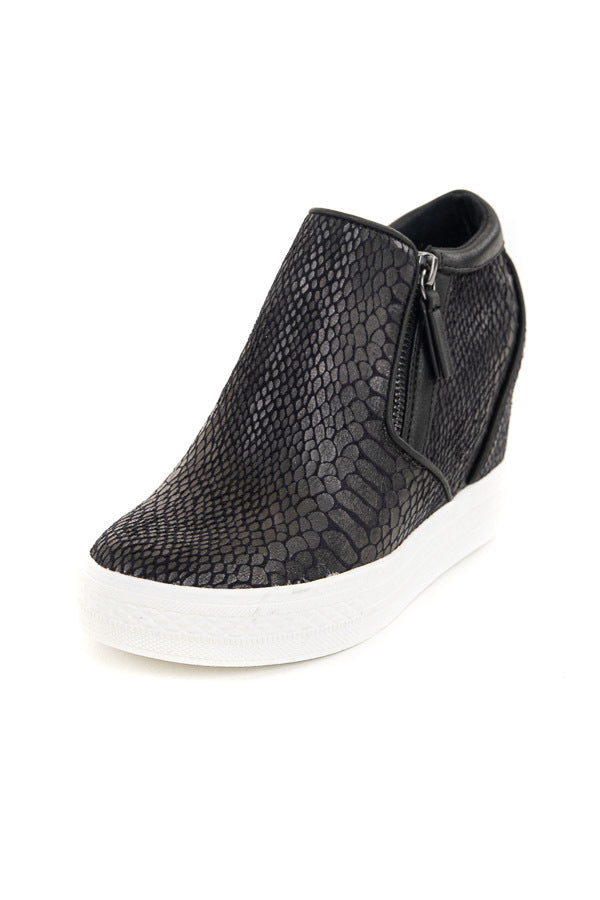 Black Snakeskin Print Textured Wedge Sneaker with Zippers