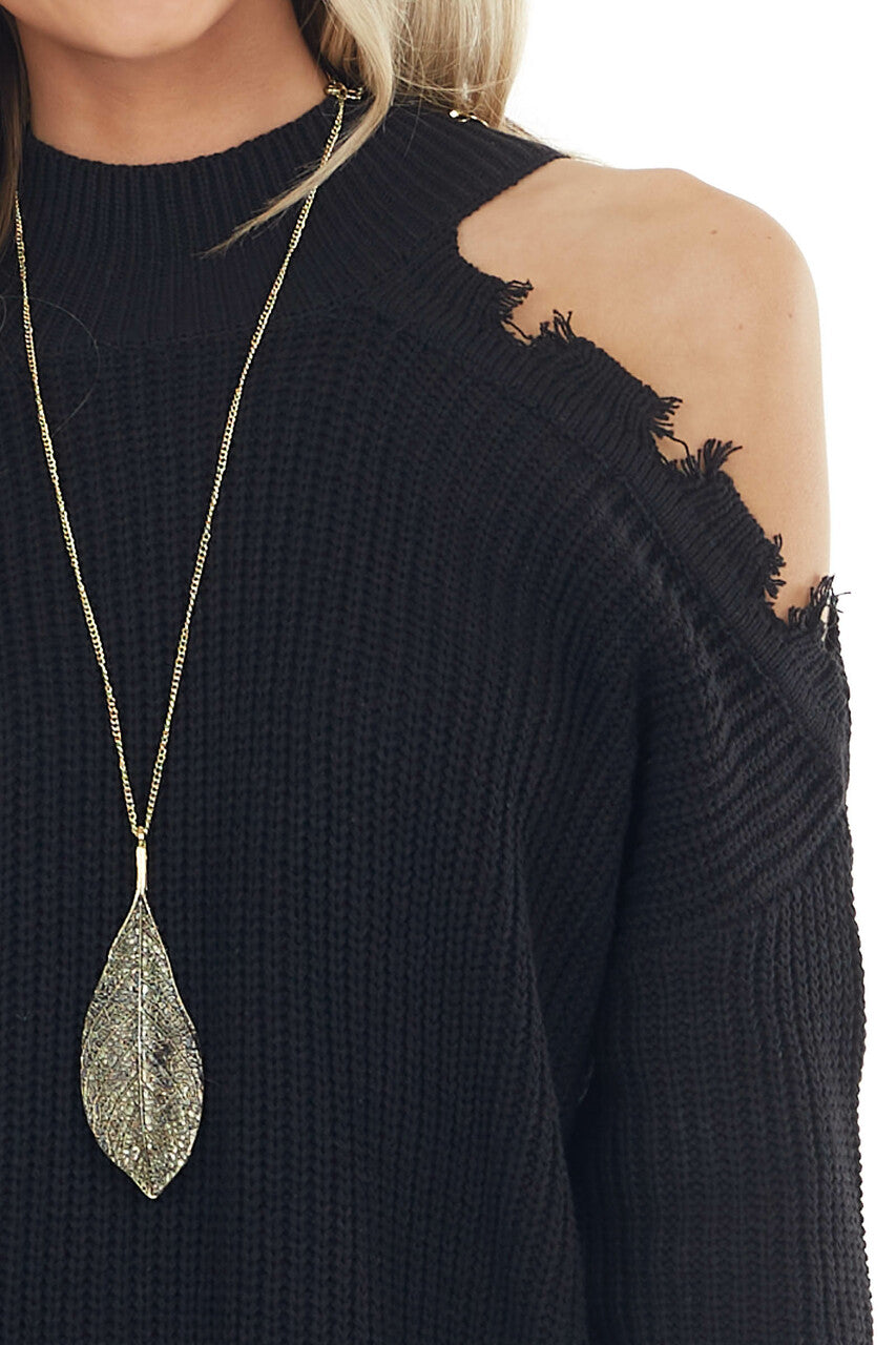 Black Stretchy Knit Distressed Cold Shoulder Sweater