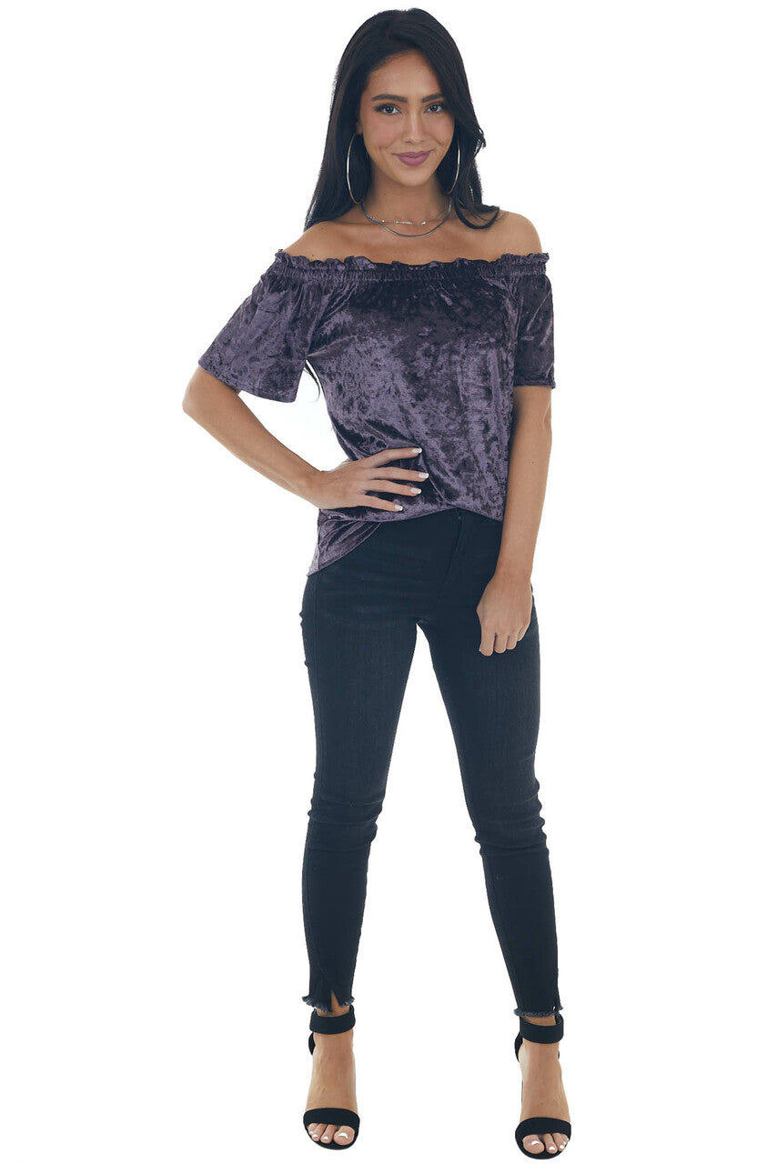 Violet Velvet Frilled Off the Shoulder Top