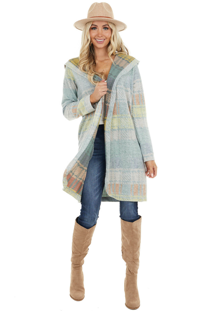 Faded Sage Multicolor Plaid Open Front Cardigan with Hood