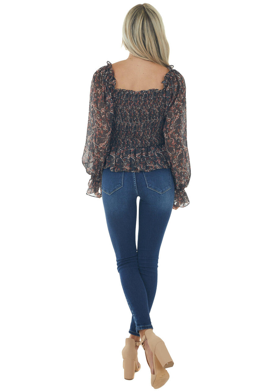 Black Paisley Print Smocked Back Peplum Blouse