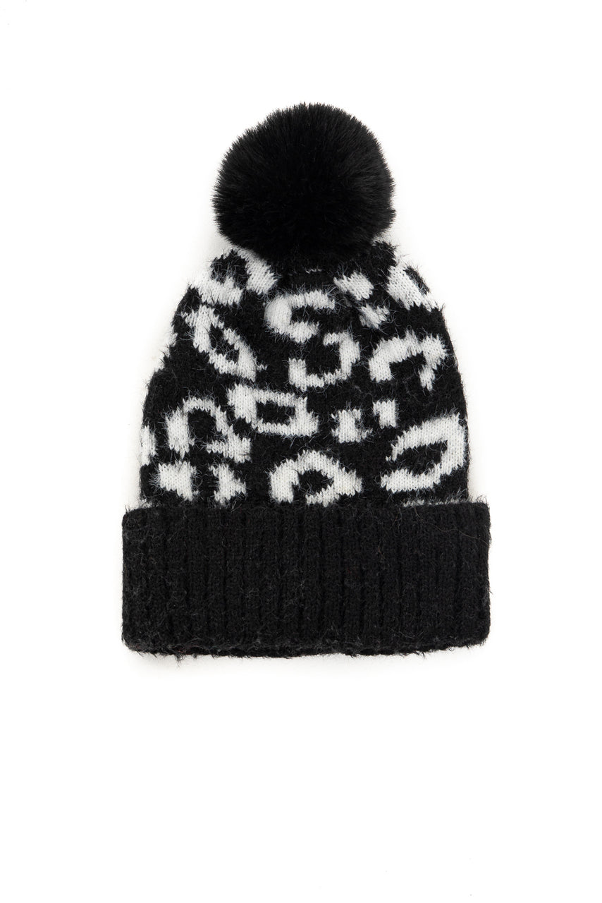 Black and White Leopard Print Beanie with Pom Pom Detail 