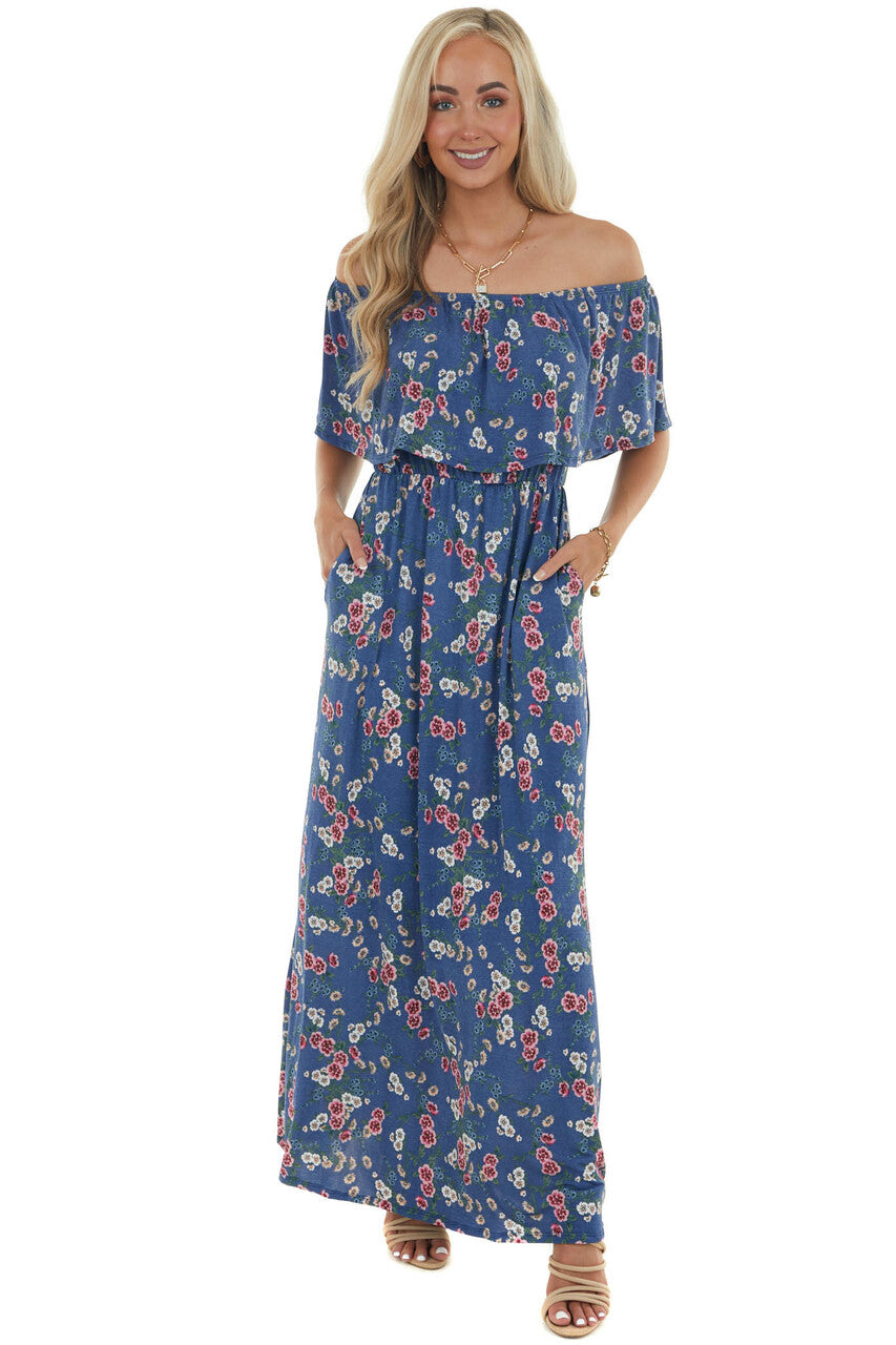 Off the Shoulder Navy Floral Print Maxi Dress