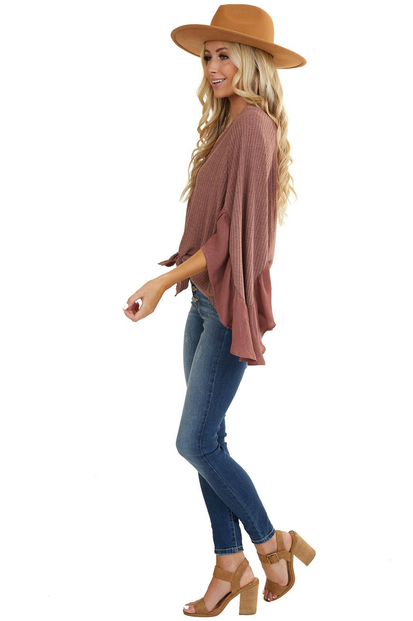 Mauve Waffle Knit Button Up Top with Trumpet Sleeves 