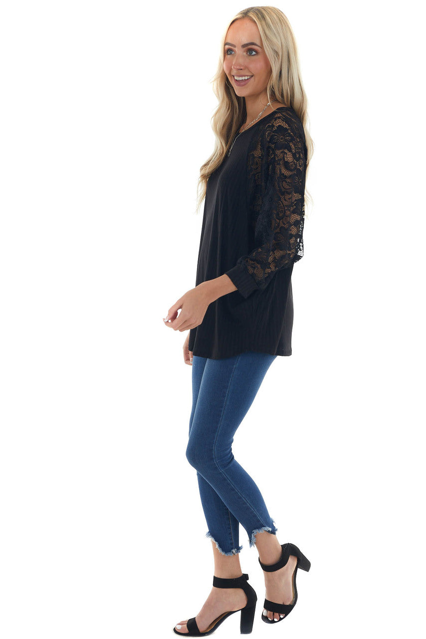 Black Ribbed Dolman 3/4 Lace Sleeve Knit Top
