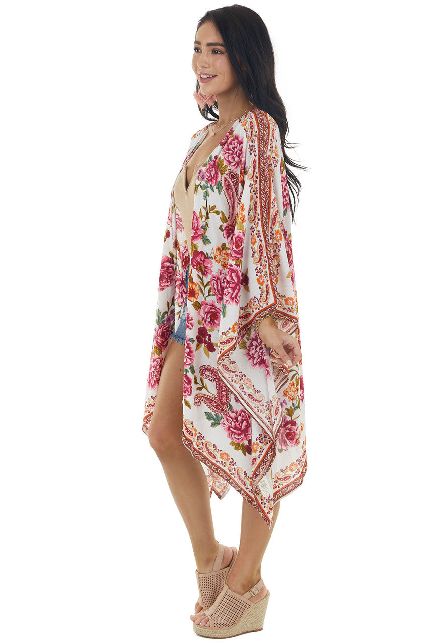 Ivory Floral and Paisley Print Lightweight Woven Open Kimono