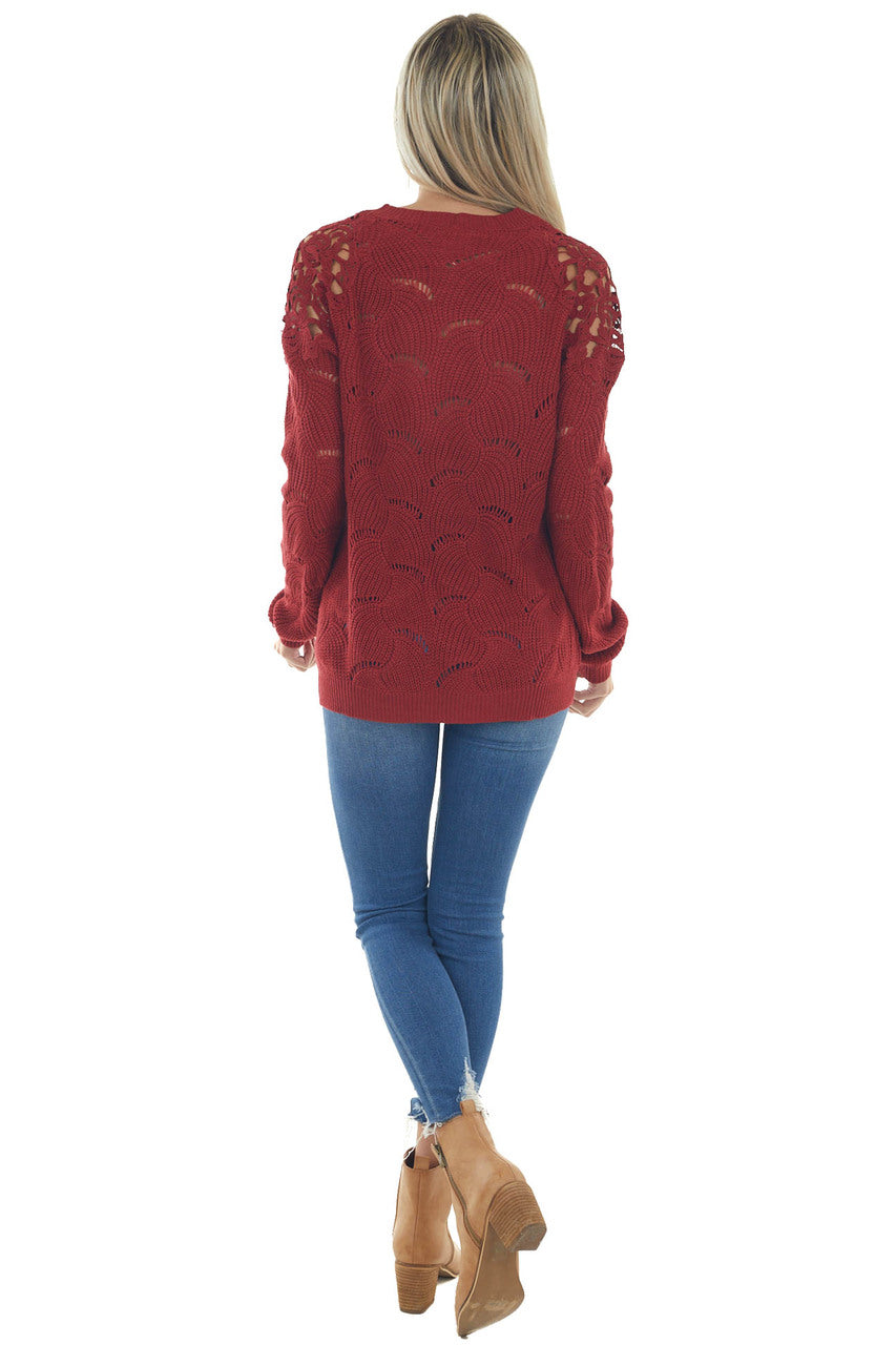 Pomegranate Pointelle Lace Shoulder Sweater 