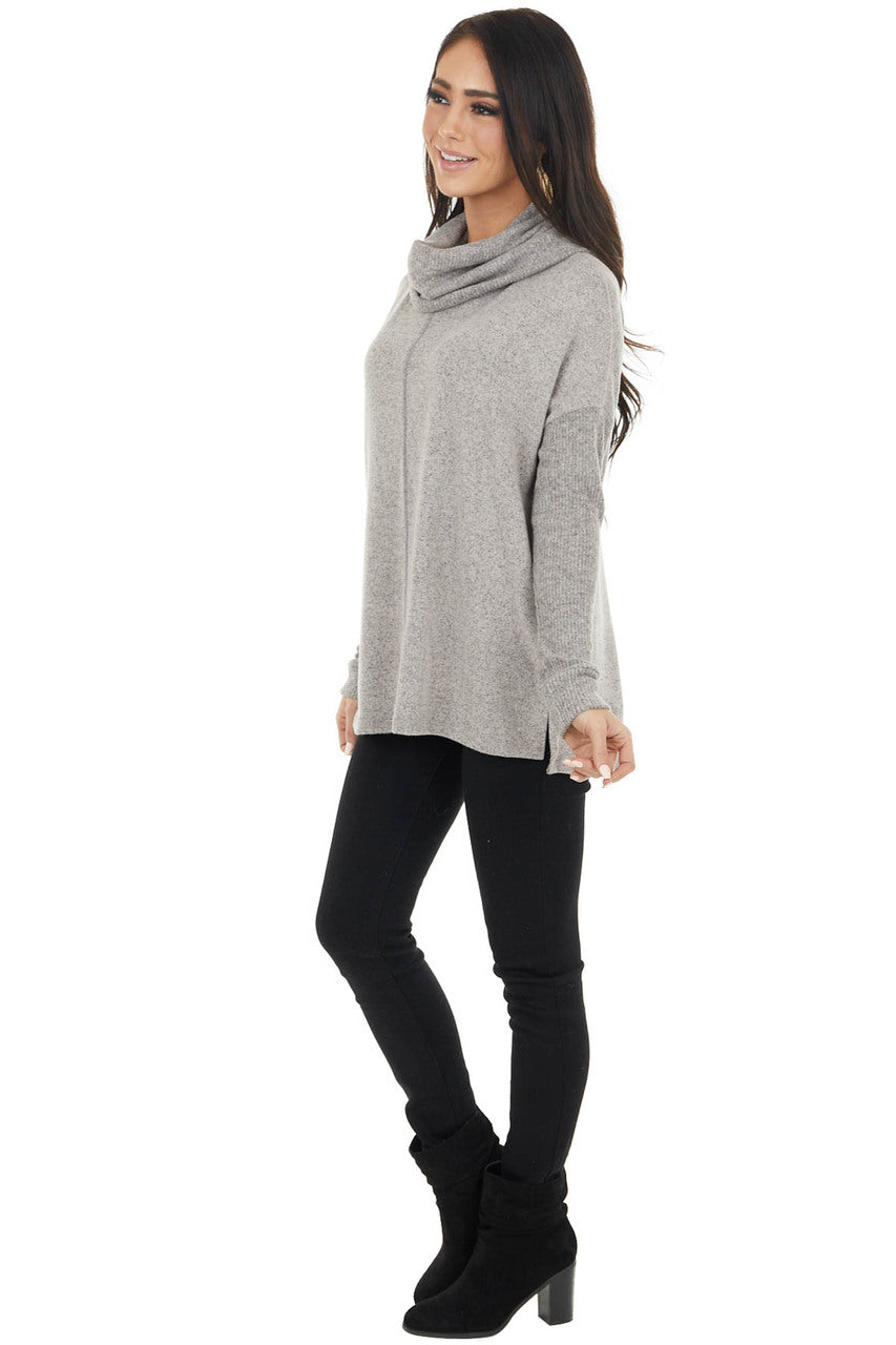 Vintage Taupe Cowl Neck Long Sleeve Top with Ribbed Detail