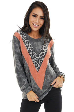 Charcoal and Tangerine Knit Top with Leopard Print Detail 