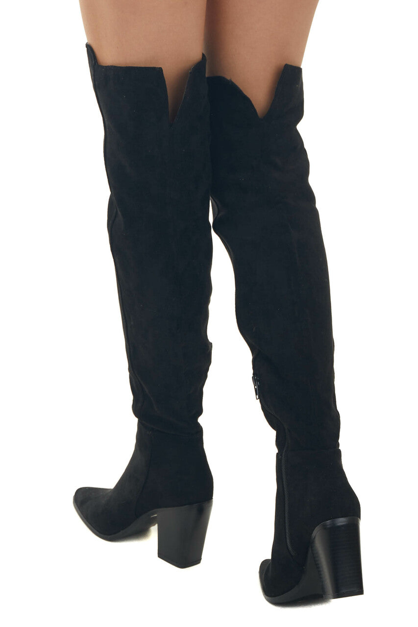 Black Suede Over the Knee Block Heel Boots