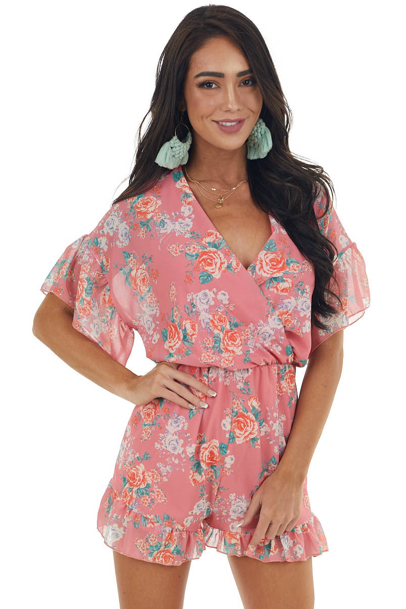 Watermelon Floral Print Surplice Neck Romper
