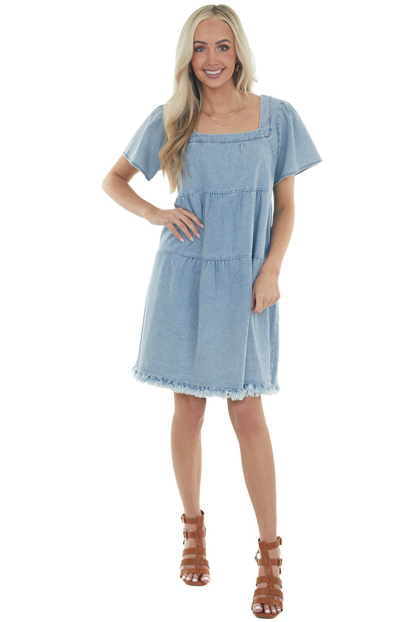 Light Vintage Wash Tiered Babydoll Denim Dress