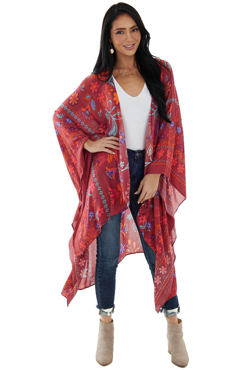 Marsala and Fire Colorful Floral Print Kimono