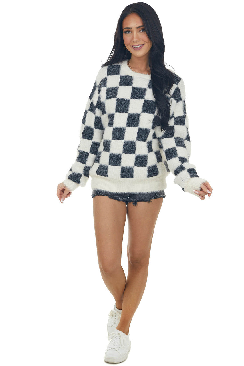 Black and Ivory Checkered Fuzzy Sweater 