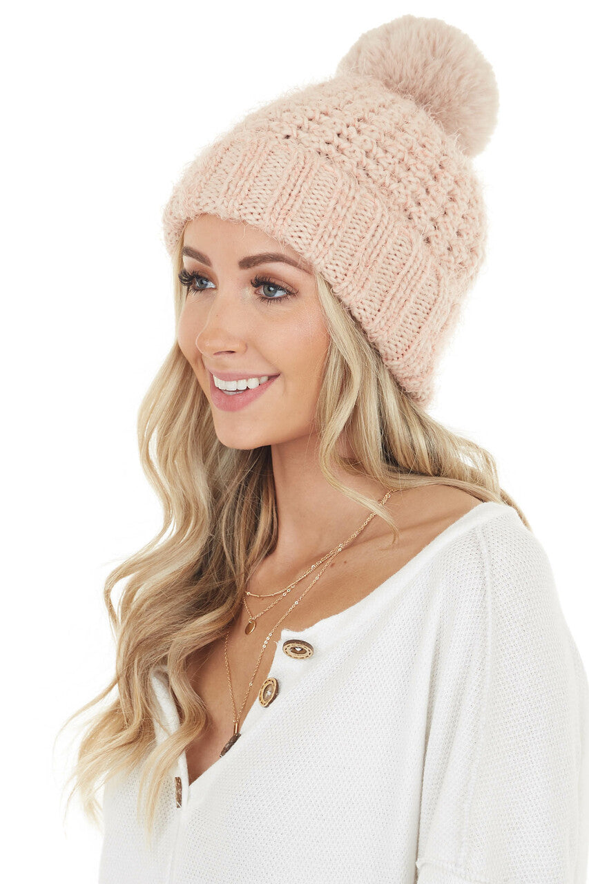 Peach and Coral Two Toned Soft Beanie with Pom Pom Detail