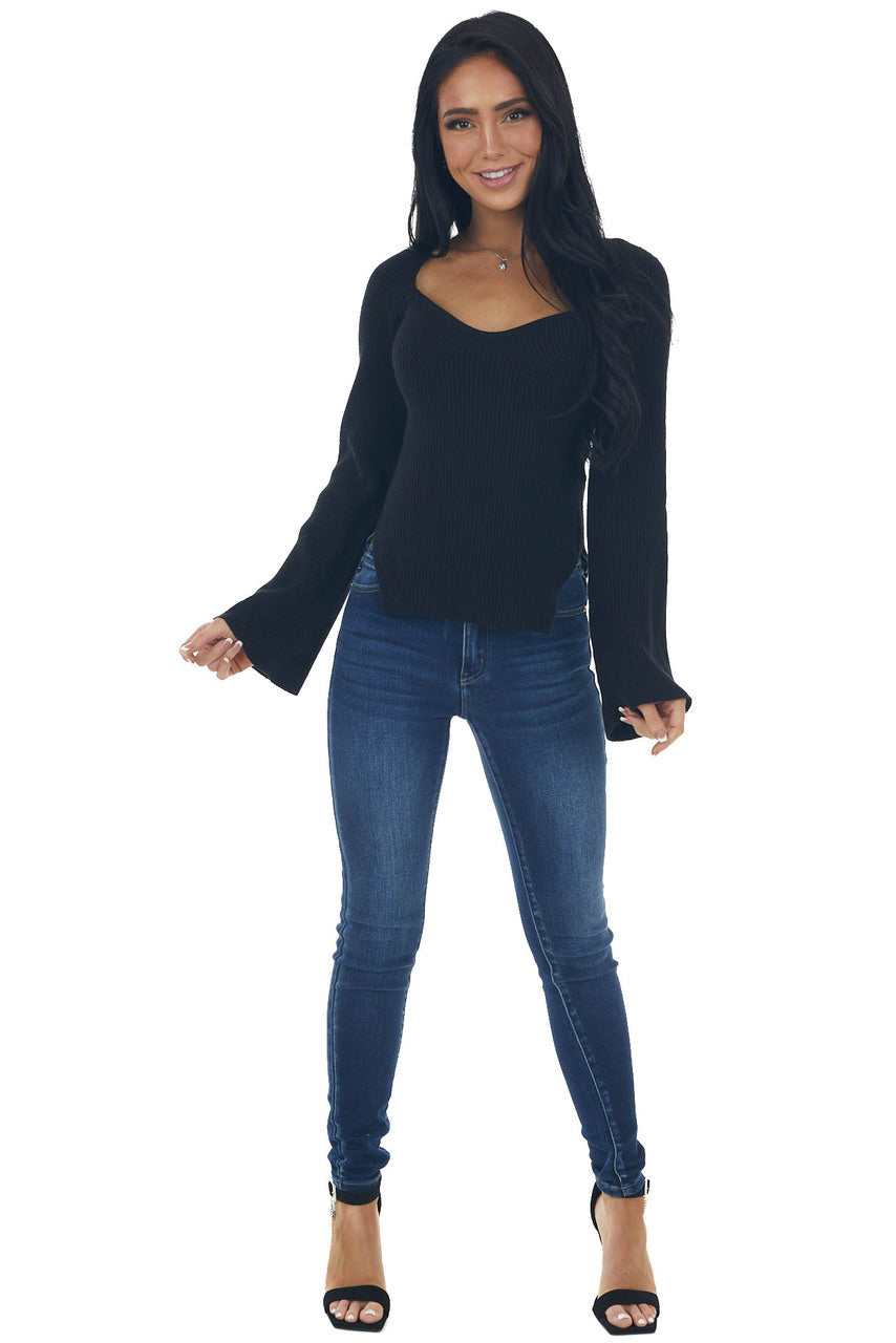 Black Flare Sleeve Side Slit Ribbed Sweater 