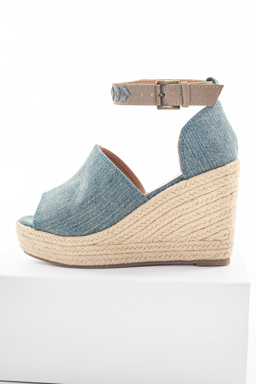 Denim Open Toed Espadrille Wedge with Ankle Strap