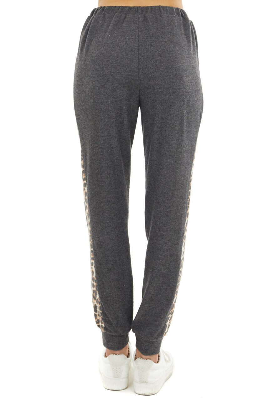 Charcoal Soft Knit Joggers with Leopard Print Side Contrast