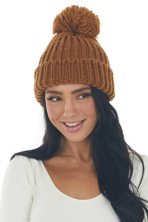 Brown Sugar Pompom Thick Ribbed Knit Beanie