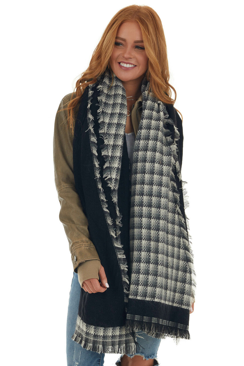 Black Checkered Oblong Frayed Edge Scarf