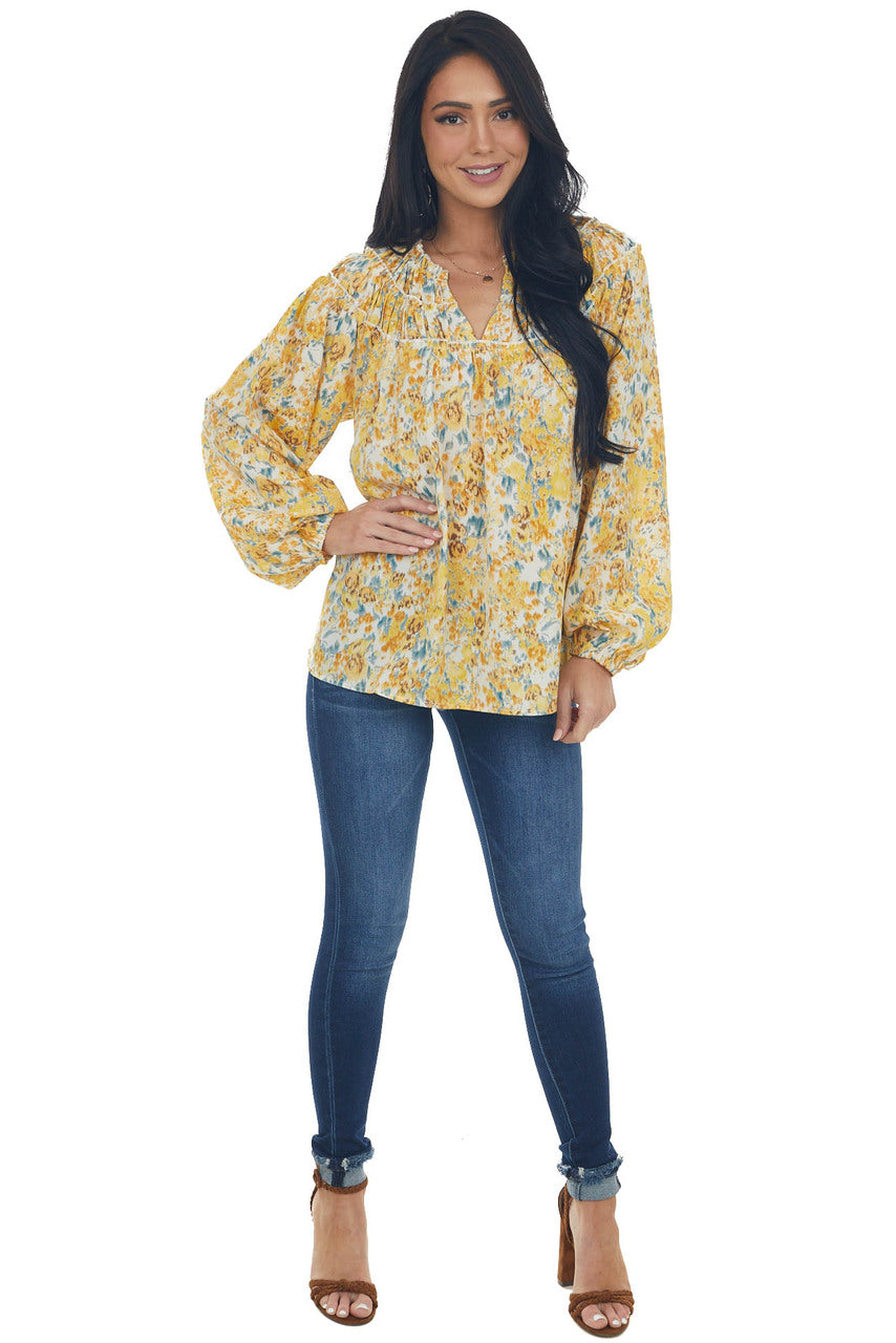 Amber Floral Print Bubble Sleeve Blouse