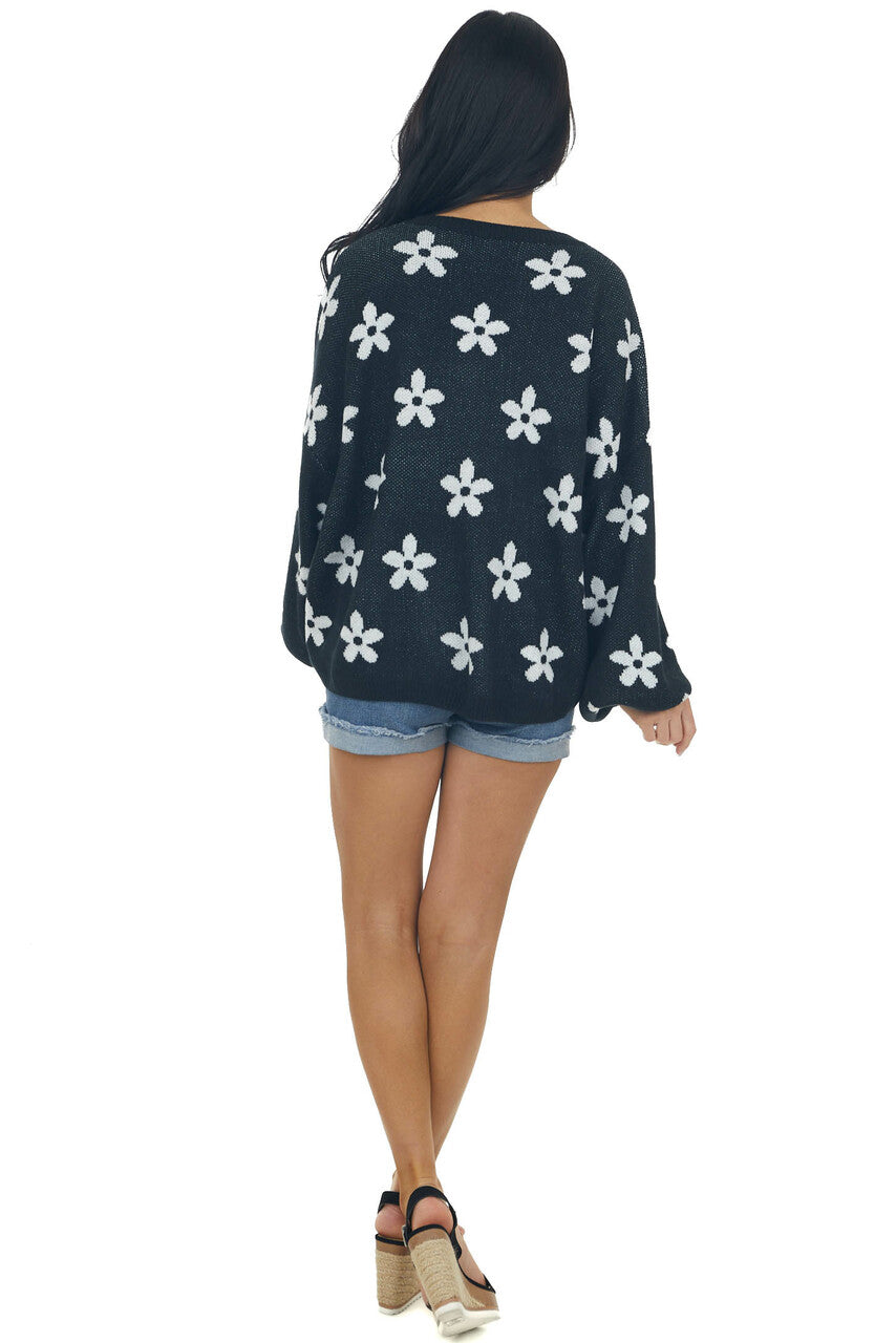 Black and Ivory Daisy Print Sweater 