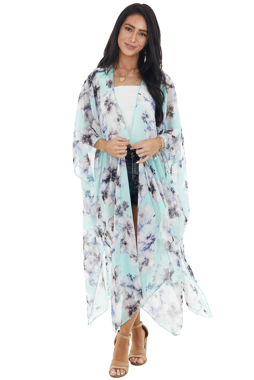 Mint Floral Print Short Sleeve Kimono with Side Slits