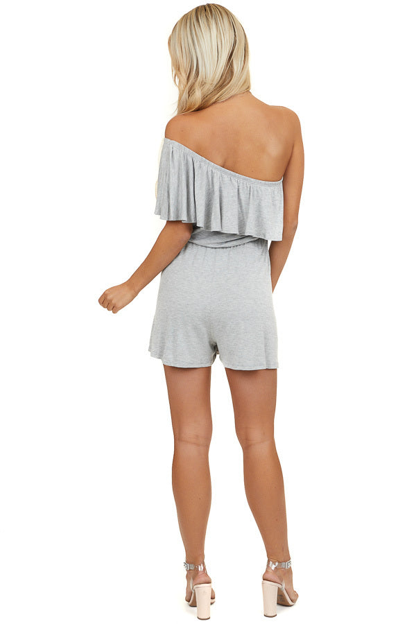 Heather Grey Off Shoulder Romper with Ruffle Overlay Detail