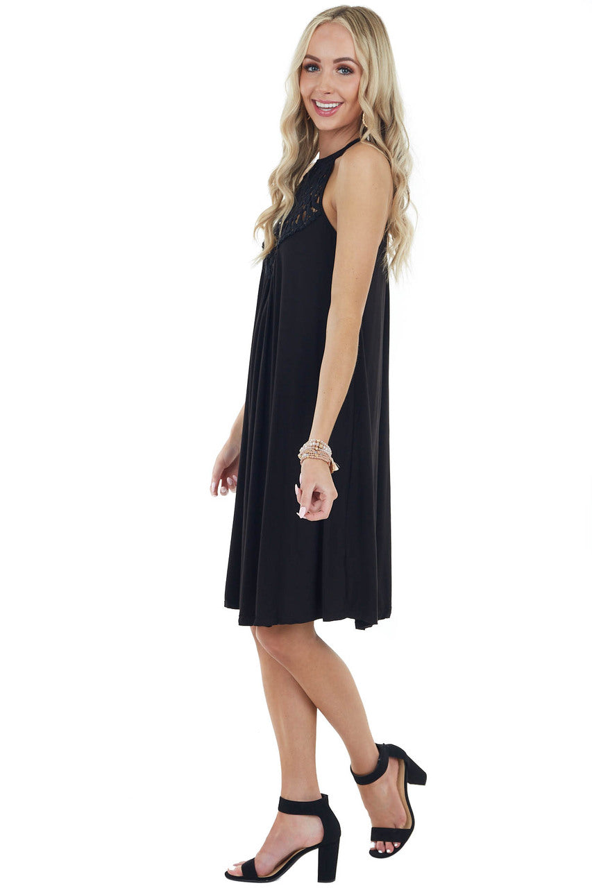 Onyx Black Short Dress with Lace Front and Keyhole Back