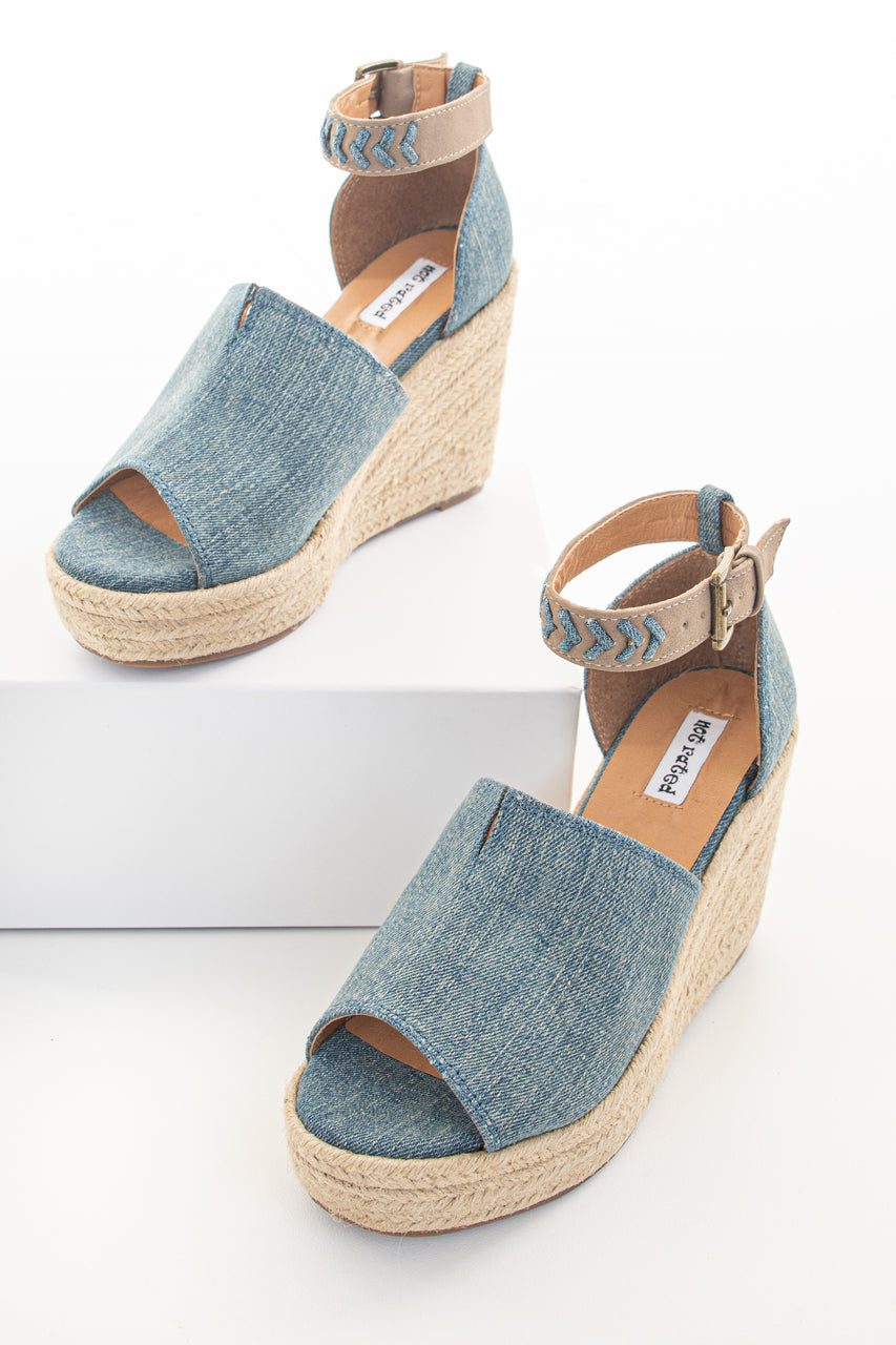 Denim Open Toed Espadrille Wedge with Ankle Strap