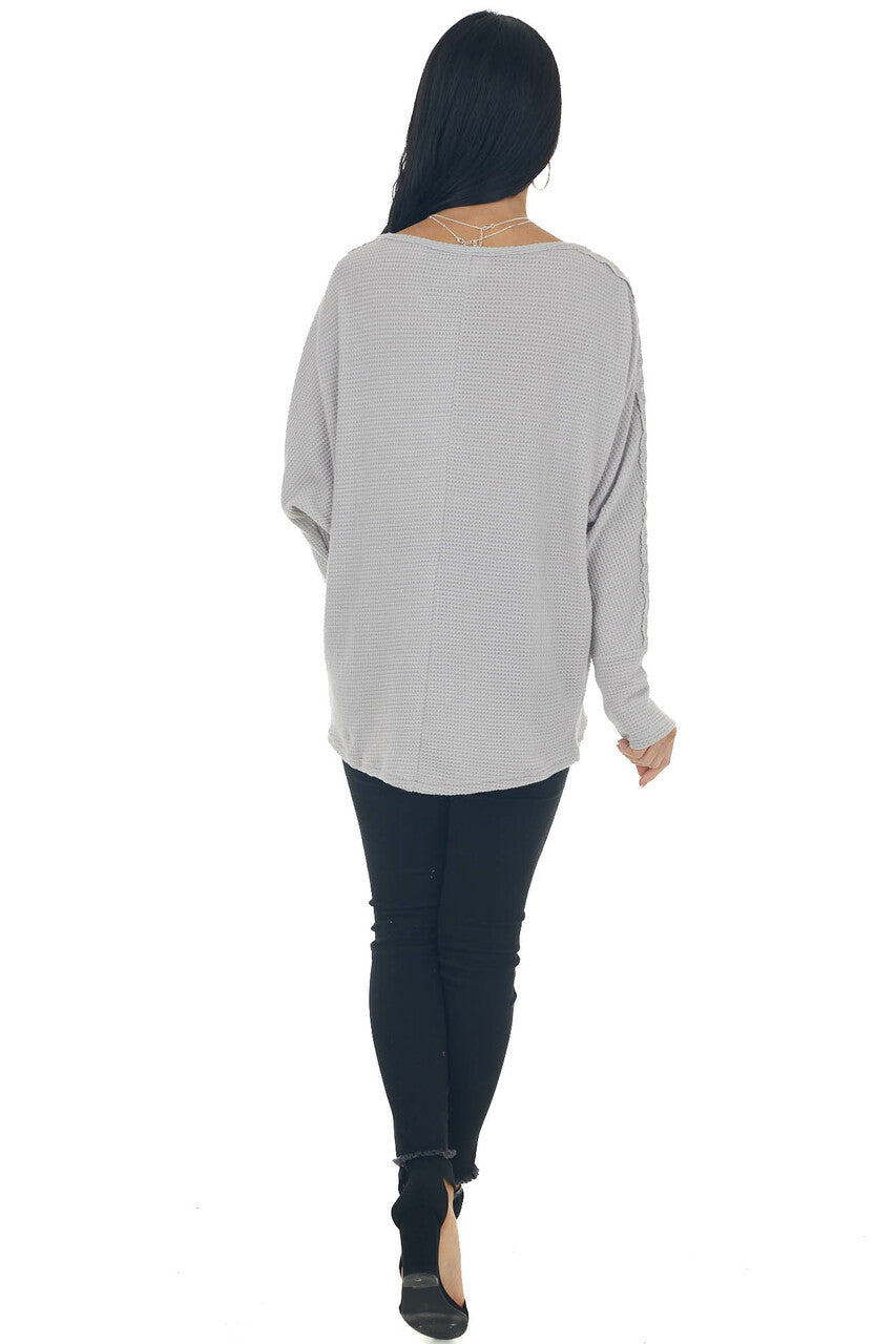 Dove Grey Waffle Knit Dolman Lace Sleeve Top 