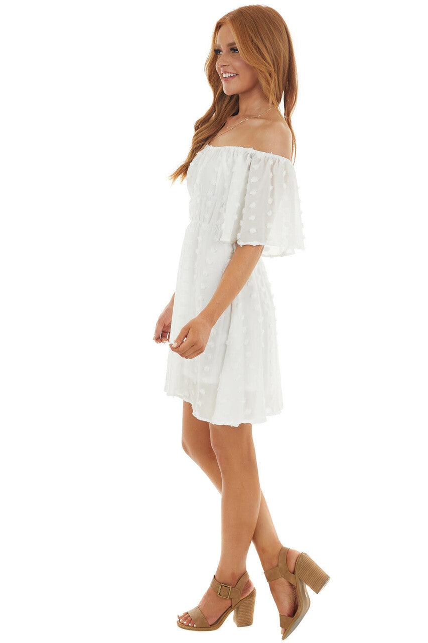 Pearl Off Shoulder Swiss Dot Woven Short Dress