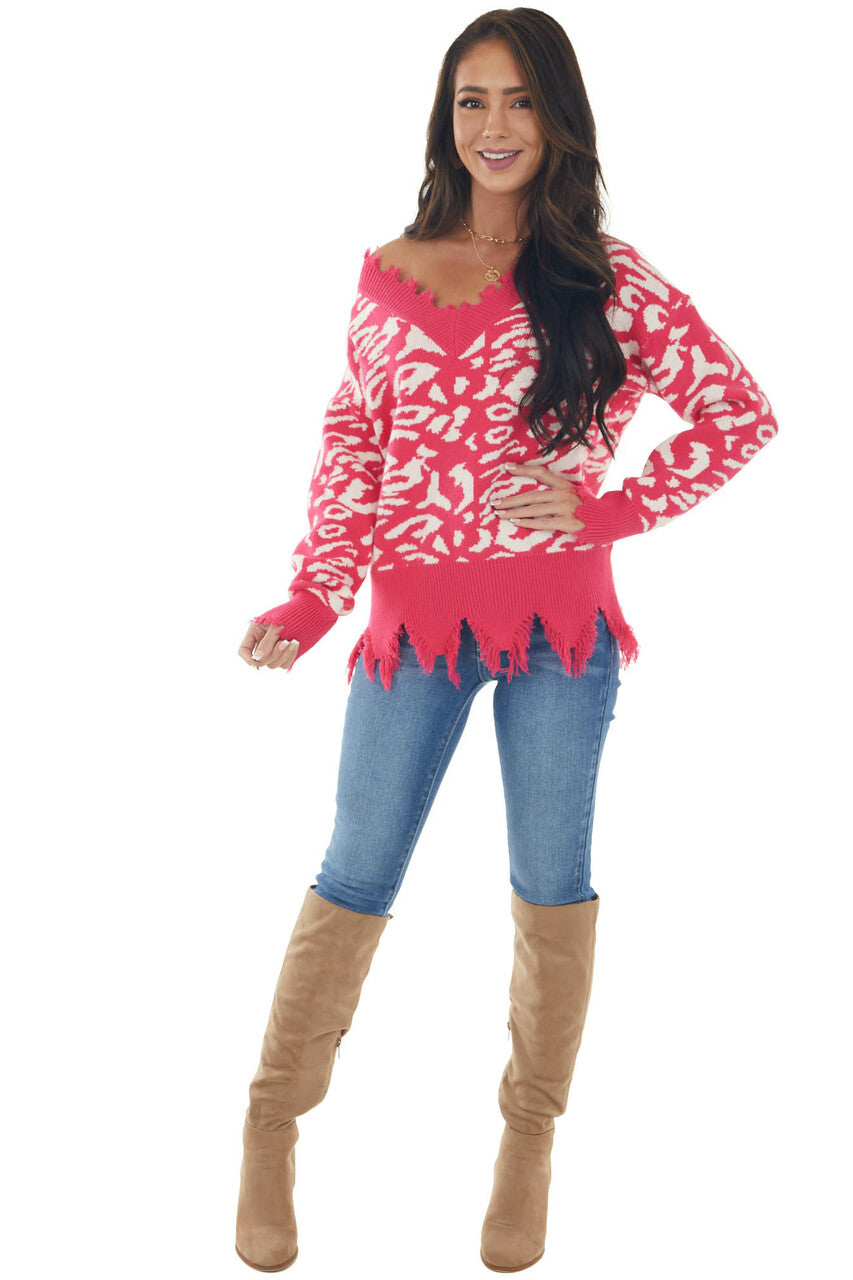 Hot Pink Leopard Print V Neck Frayed Sweater 