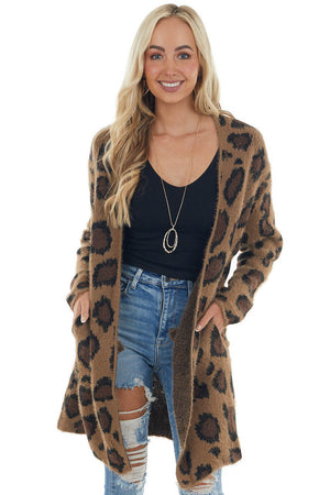 Dark Latte Leopard Print Fuzzy Cardigan