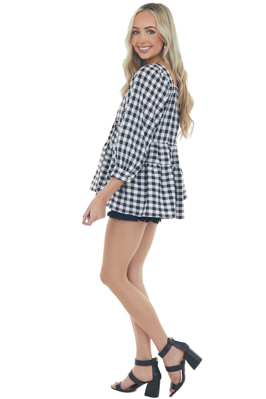Black and Off White Gingham Print Woven Top