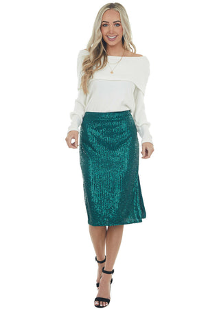 Forest Green Sequin Midi Skirt with Side Slit