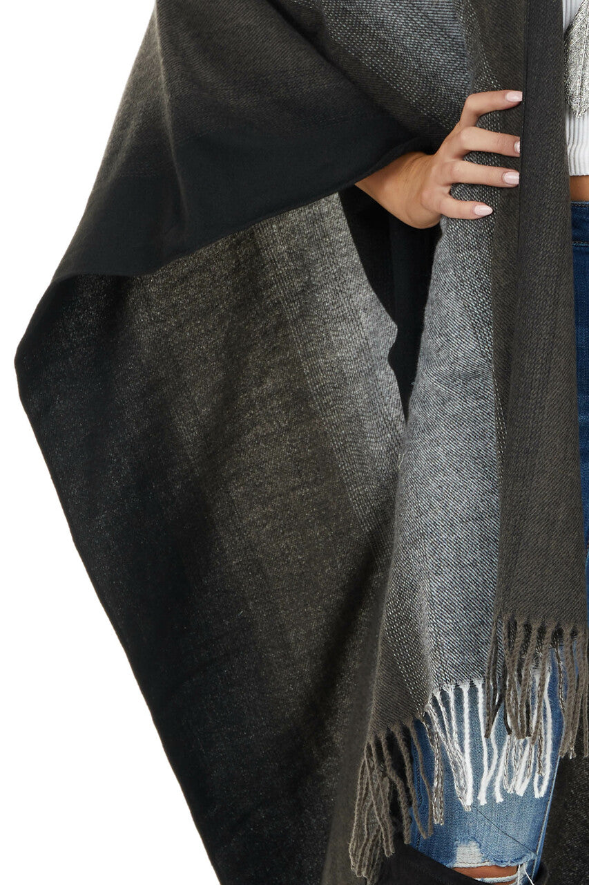 Charcoal Grey Ombre Colorblock Poncho with Fringe Detail 
