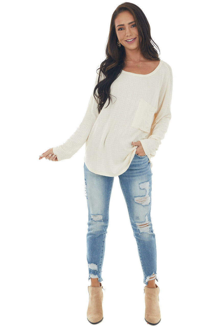 Champagne Textured Knit Top with Chest Pocket
