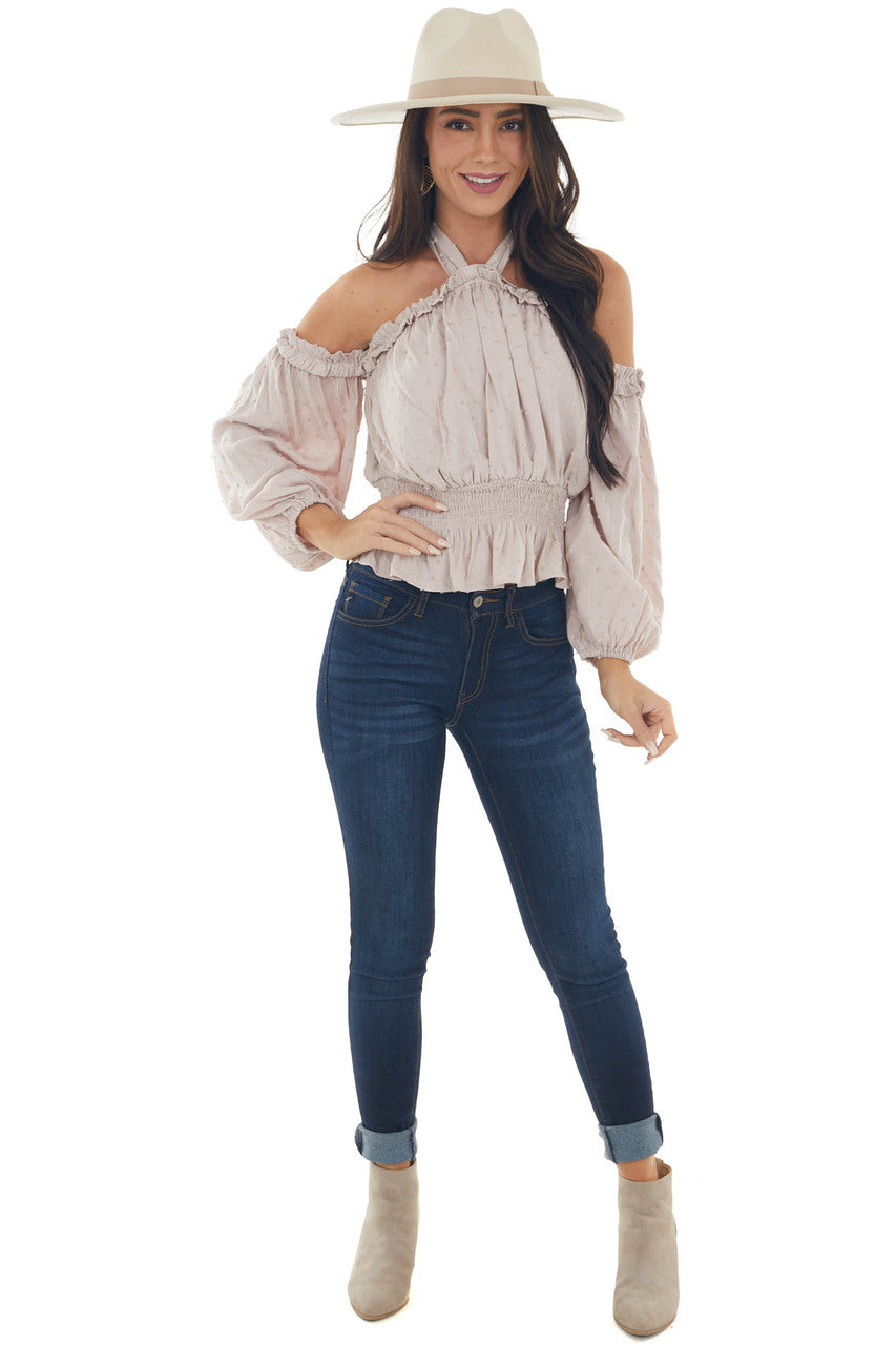 Light Latte Swiss Dot Off Shoulder Halter Top