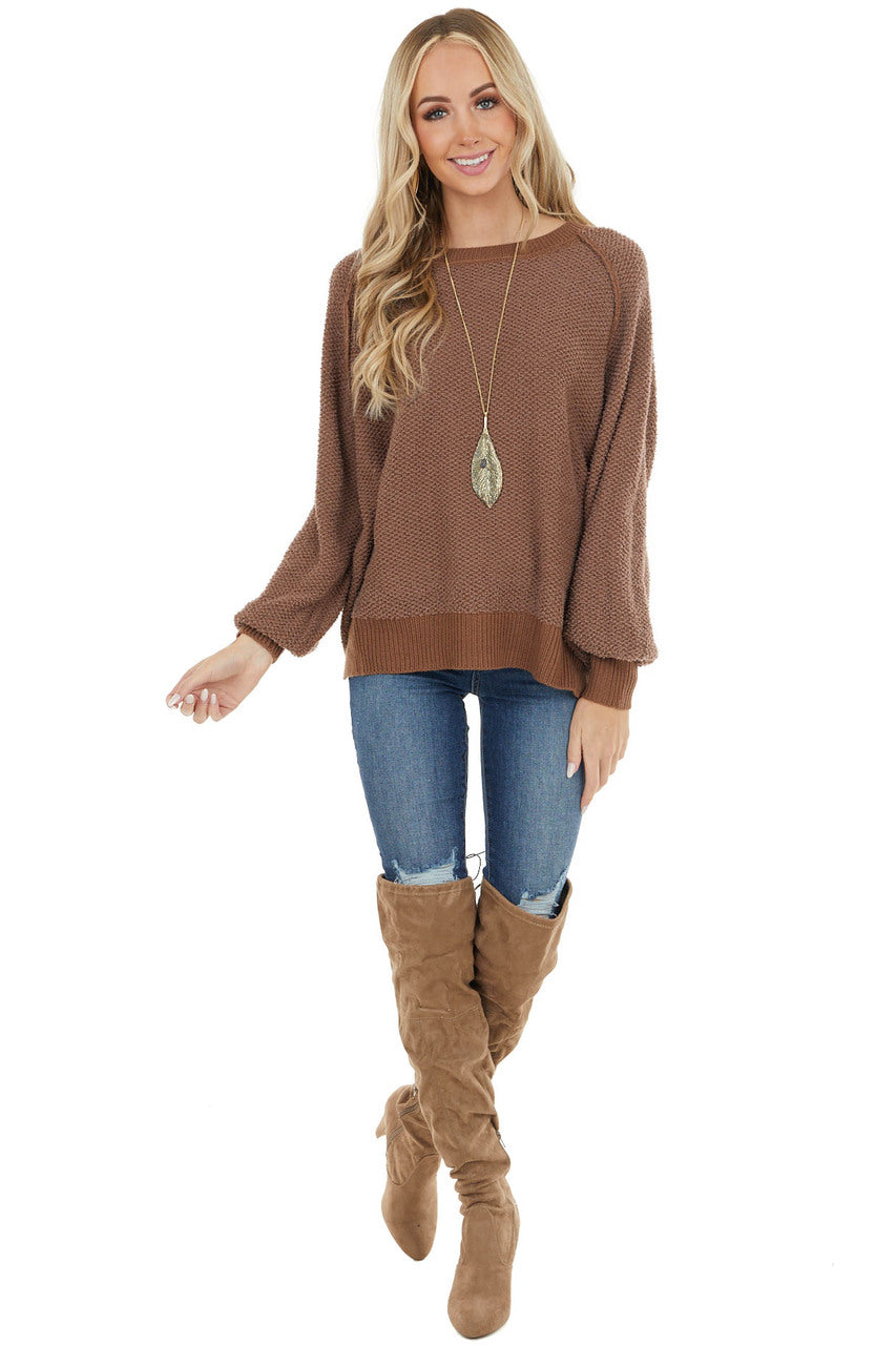 Chocolate Long Sleeve Lightweight Sweater with Raw Details