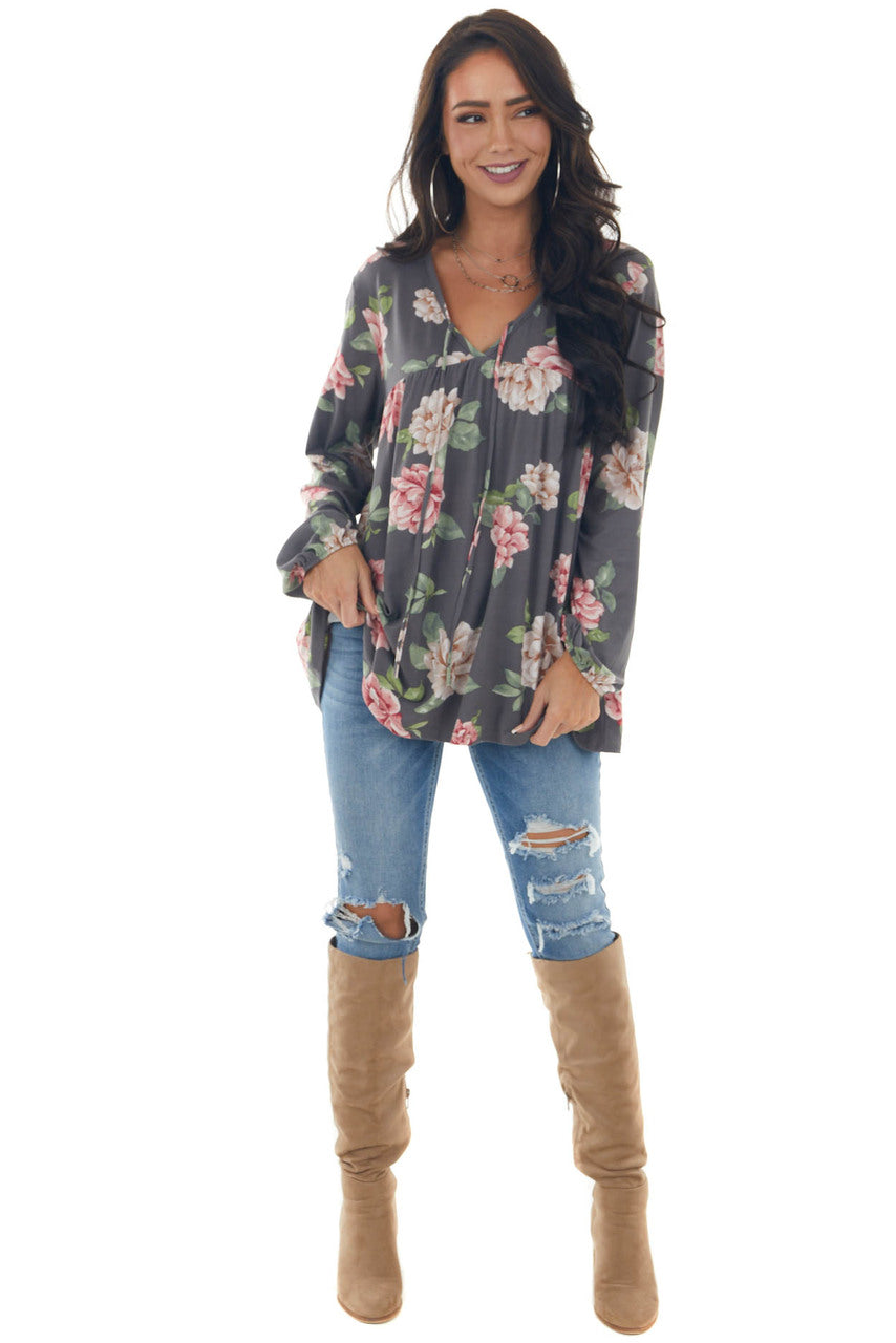Graphite Floral Print Long Sleeve Babydoll Top